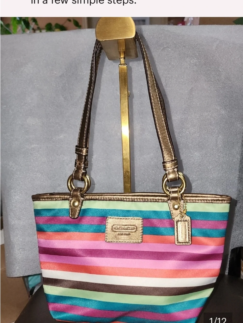Coach Legacy Striped Tote EUC with Metallic Gold Trim - Picture 3 of 11
